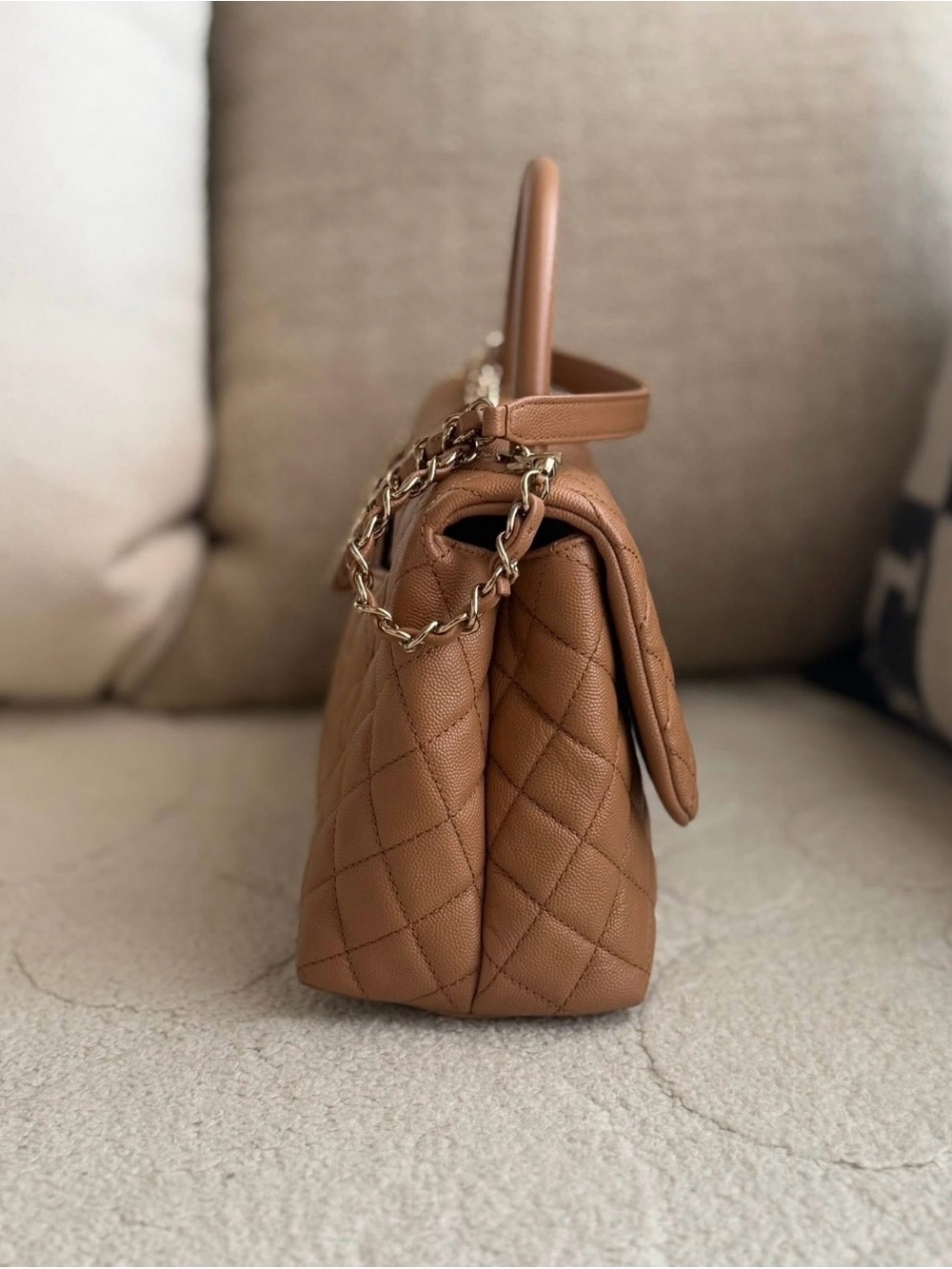 CHANEL Brown Quilted Coco Handle Top Handle Bag Chain Strap Dust Bag Auth Card - Picture 6 of 16